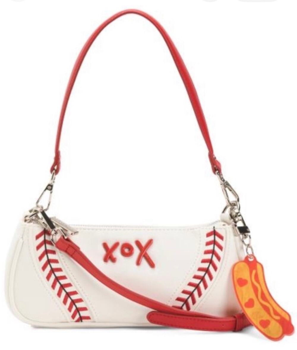 NWT Betsey Johnson White & Red XOX Baseball-Stitch Crossbody with Hotdog Charm